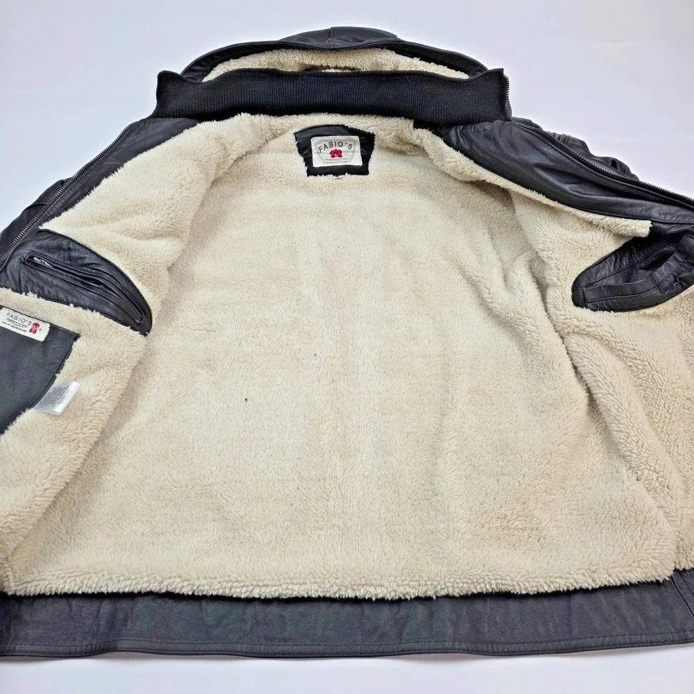 Fabio's 100% Bovine‎ Leather Hooded Leather Jacket with Fleece Lining Size 44